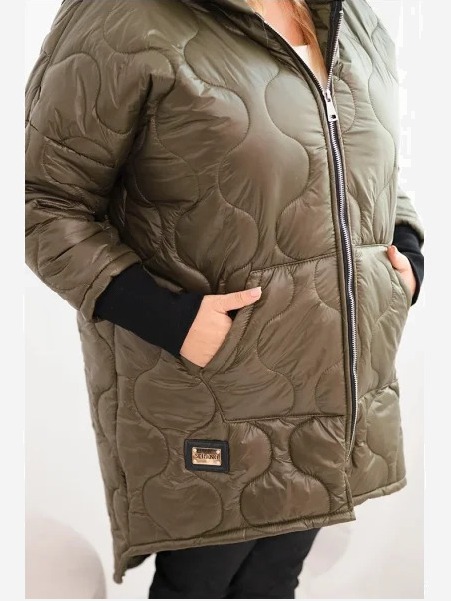 Dámska bunda Plus Size prešívaná s kapucňou khaki