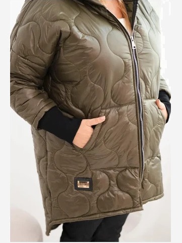 Dámska bunda Plus Size prešívaná s kapucňou khaki