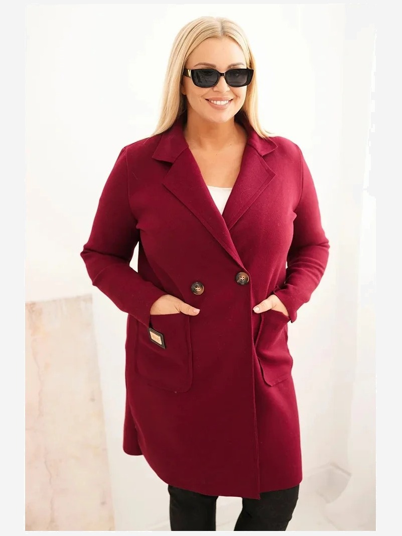 Dámsky elegantný kabát Plus Size s golierom a veľkými vreckami slivkový