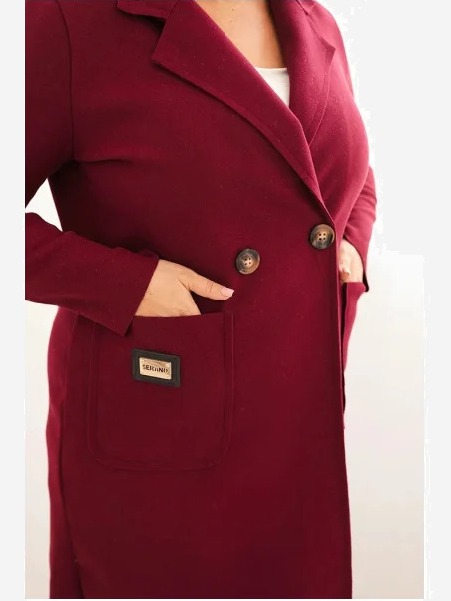 Dámsky elegantný kabát Plus Size s golierom a veľkými vreckami slivkový