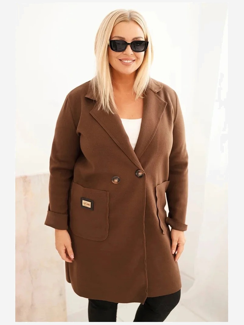 Dámsky elegantný kabát Plus Size s golierom a veľkými vreckami čokoládový