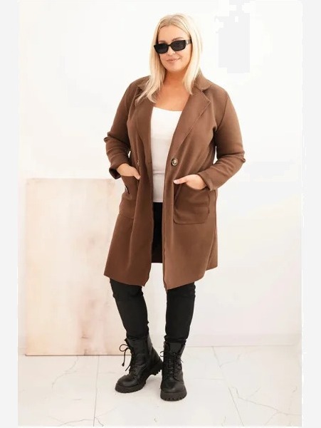 Dámsky elegantný kabát Plus Size s golierom a veľkými vreckami čokoládový