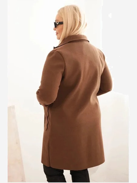 Dámsky elegantný kabát Plus Size s golierom a veľkými vreckami čokoládový