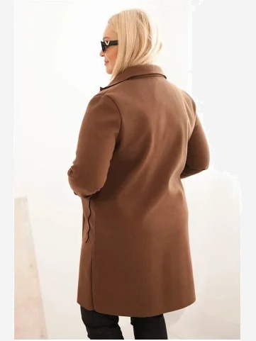 Dámsky elegantný kabát Plus Size s golierom a veľkými vreckami čokoládový