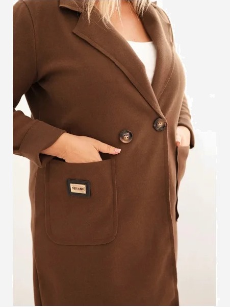 Dámsky elegantný kabát Plus Size s golierom a veľkými vreckami čokoládový