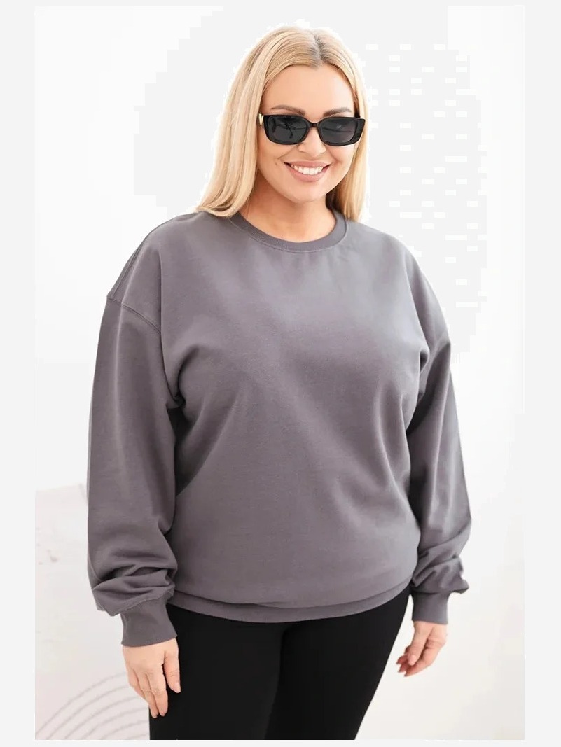 Dámska mikina s slučkami Plus Size bavlnená basic s okrúhlym výstrihom grafitová