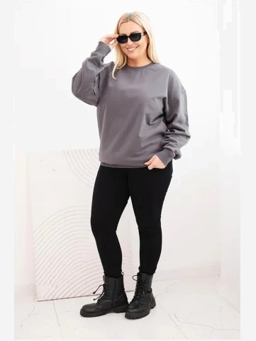 Dámska mikina s slučkami Plus Size bavlnená basic s okrúhlym výstrihom grafitová