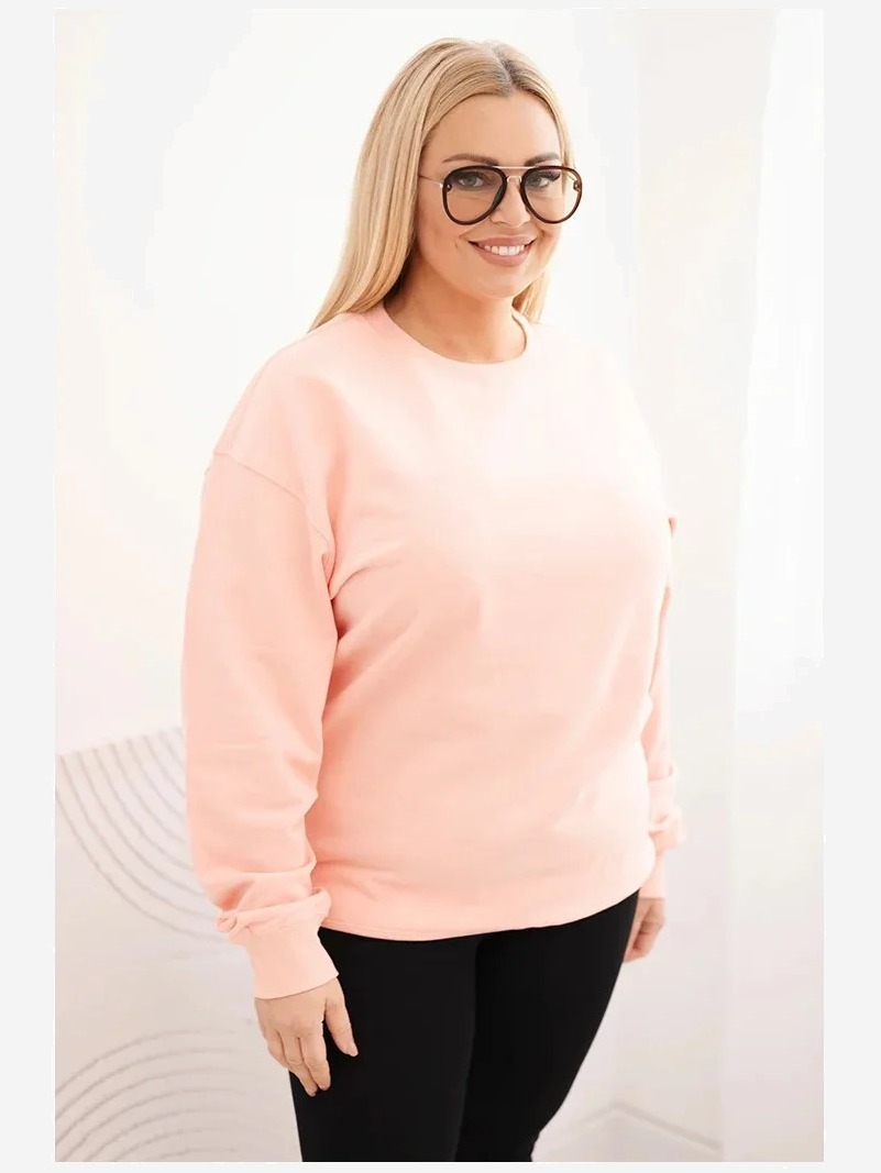Dámska pletivová mikina Plus Size bavlnená basic s okrúhlym výstrihom lososová