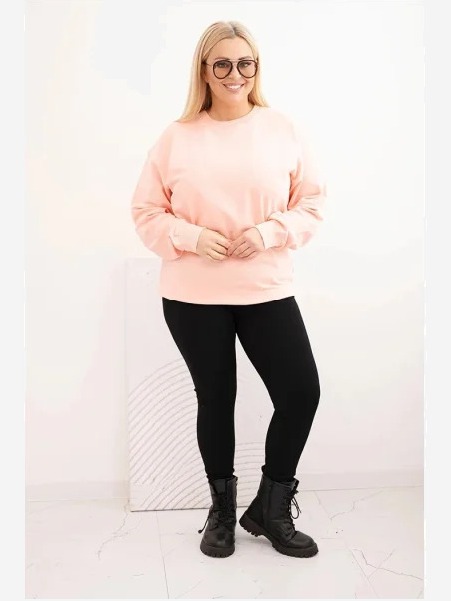 Dámska pletivová mikina Plus Size bavlnená basic s okrúhlym výstrihom lososová