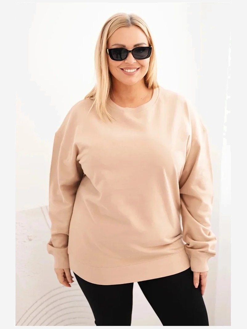 Dámska mikina s kapucňou Plus Size bavlnená basic s okrúhlym výstrihom béžová