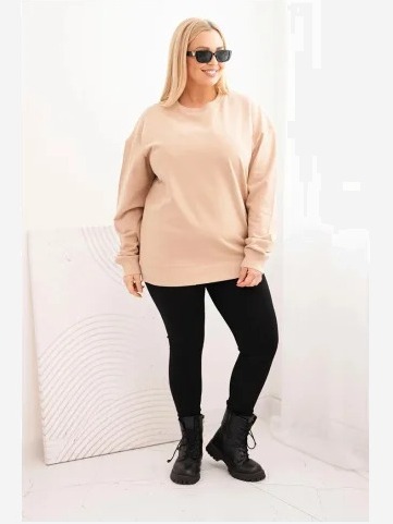Dámska mikina s kapucňou Plus Size bavlnená basic s okrúhlym výstrihom béžová