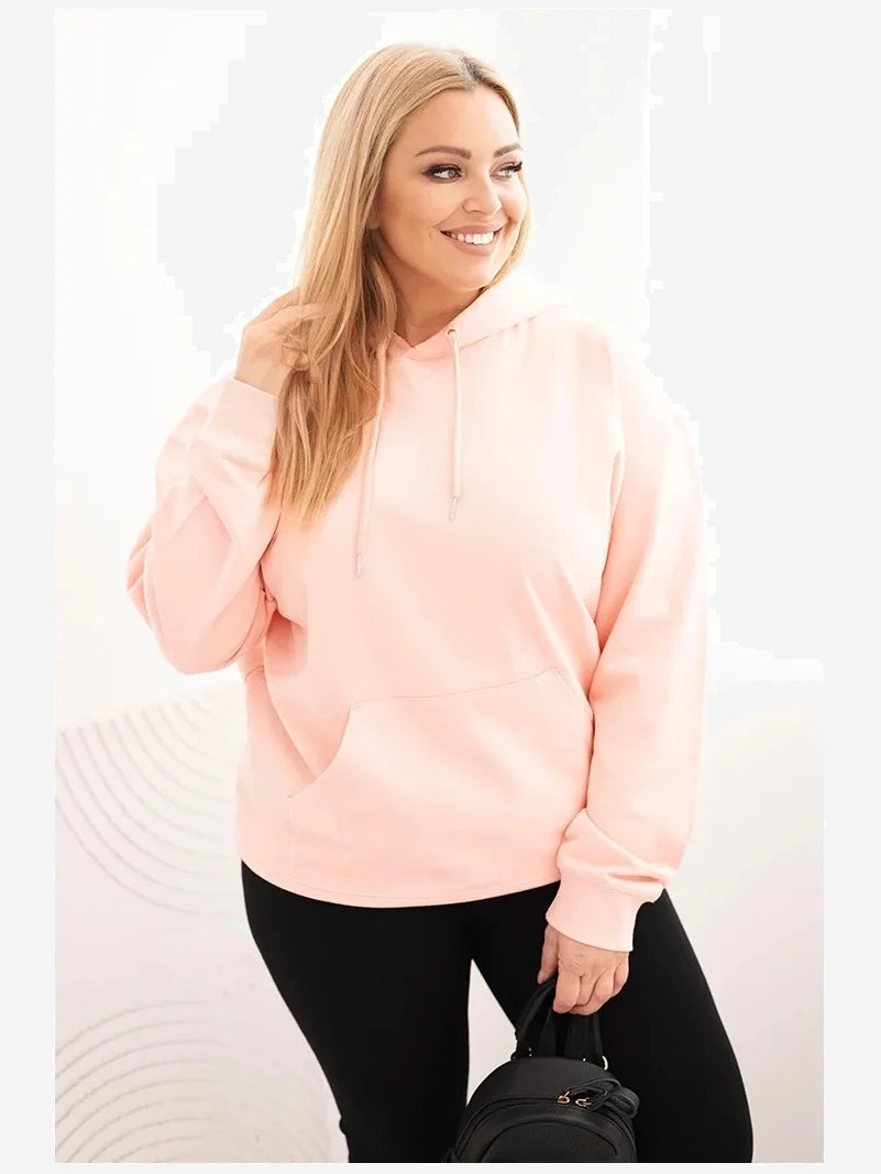 Dámska mikina s kapucňou a klokankou Plus Size z bavlny lososová