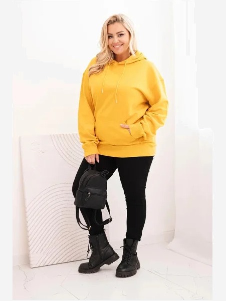 Dámska mikina s kapucňou a klokankou Plus Size z bavlny horčicová