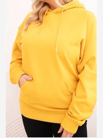 Dámska mikina s kapucňou a klokankou Plus Size z bavlny horčicová