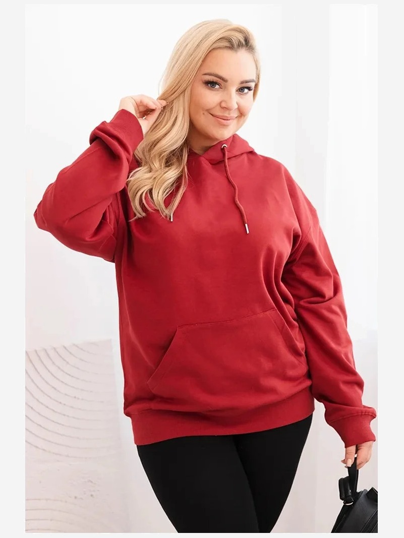 Dámska mikina s kapucňou a klokankou Plus Size z bavlny bordová