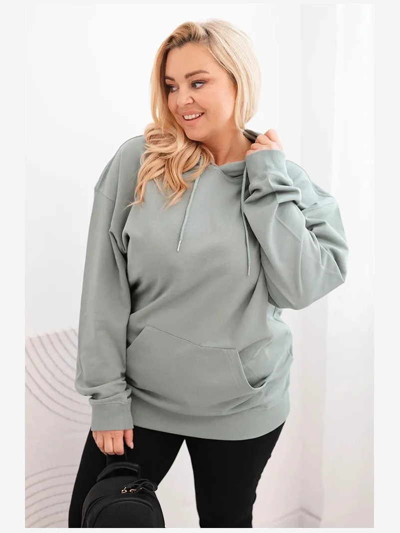 Dámska mikina s kapucňou a klokankou Plus Size z bavlny tmavo mentolová