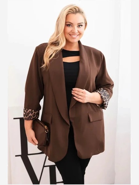 Dámska sako veľkosti Plus Size s podšívkou v leopardom vzore hnedá