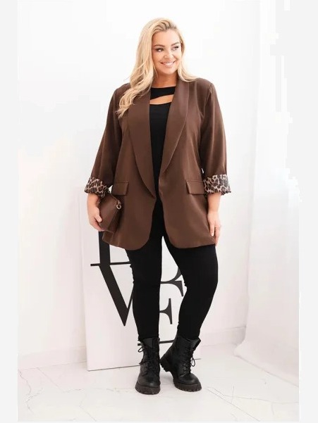 Dámska sako veľkosti Plus Size s podšívkou v leopardom vzore hnedá
