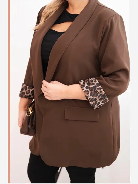 Dámska sako veľkosti Plus Size s podšívkou v leopardom vzore hnedá