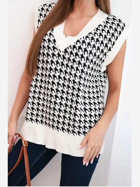 Sveter Houndstooth bez rukávov ecru