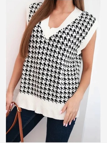 Sveter Houndstooth bez rukávov ecru