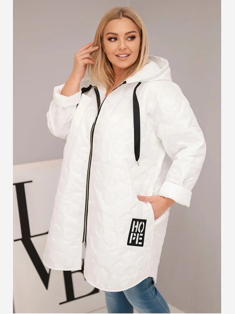 Dámska bunda Plus Size prešívaná s kapucňou a nápisom HOPE biela