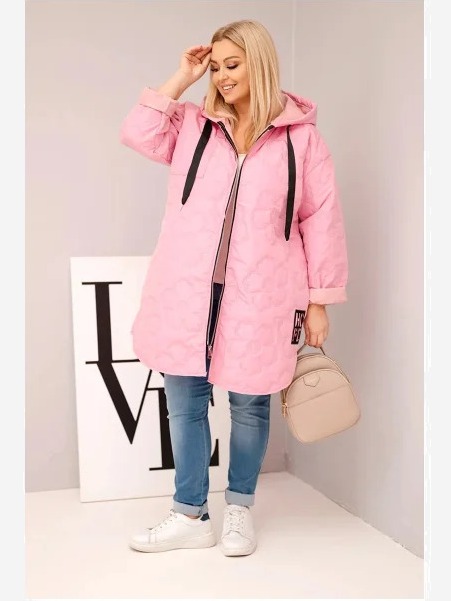 Dámska bunda Plus Size prešívaná s kapucňou a nápisom HOPE cukrová ružová