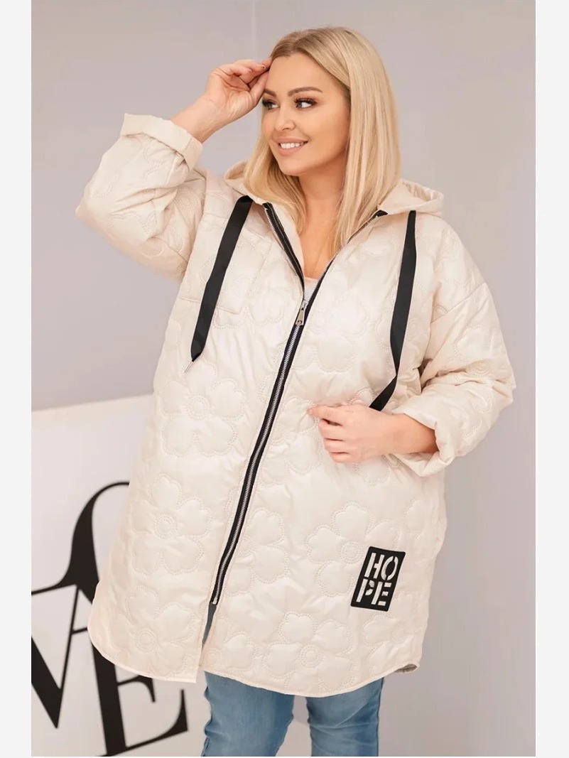 Dámska bunda Plus Size prešívaná s kapucňou a nápisom HOPE svetlo béžová
