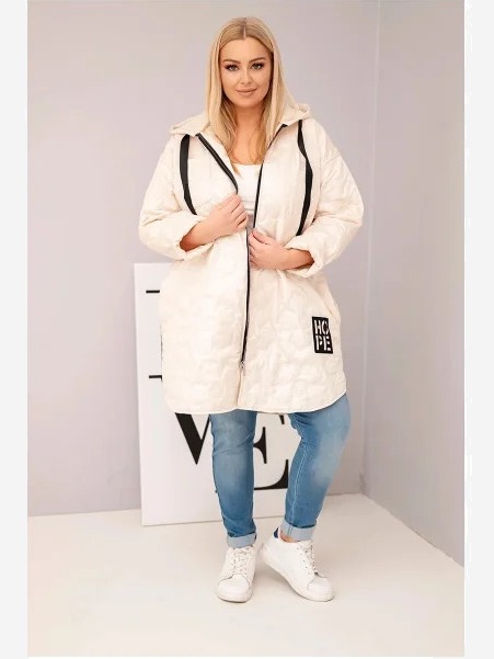 Dámska bunda Plus Size prešívaná s kapucňou a nápisom HOPE svetlo béžová