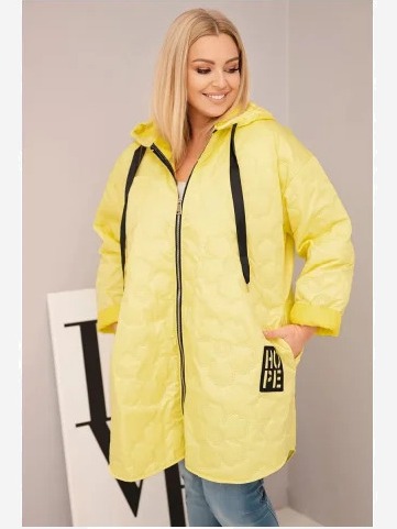 Dámska bunda Plus Size prešívaná s kapucňou a nápisom HOPE žltá