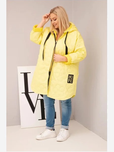 Dámska bunda Plus Size prešívaná s kapucňou a nápisom HOPE žltá
