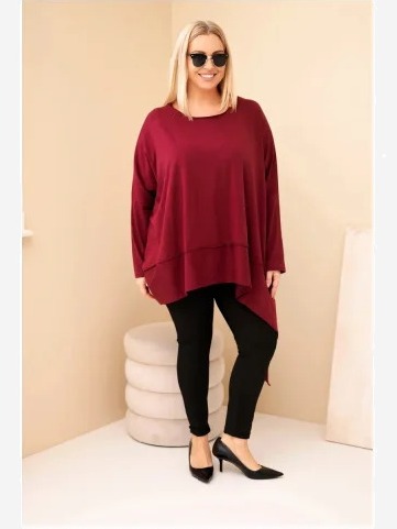Dámska tunika Plus Size z bavlny s asymetrickým spodkom bordová