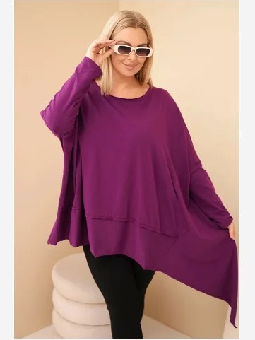 Tunika dámska Plus Size z bavlny s asymetrickým spodkom tmavo fialová