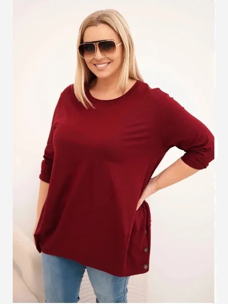 Dámska blúzka Plus Size z bavlny s ozdobnými gombíkmi a vyhrnutými rukávmi bordová