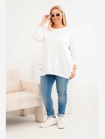 Dámska blúzka Plus Size z bavlny s ozdobnými gombíkmi a vyhrnutými rukávmi ecru