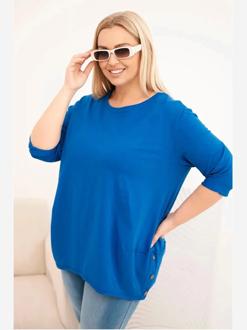 Dámska blúzka Plus Size z bavlny s ozdobnými gombíkmi a vyhrnutými rukávmi chabrová