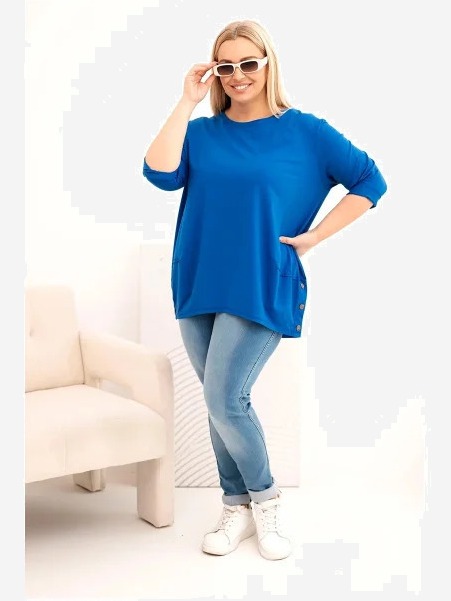 Dámska blúzka Plus Size z bavlny s ozdobnými gombíkmi a vyhrnutými rukávmi chabrová