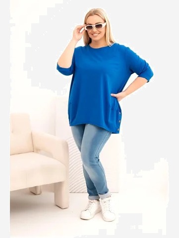 Dámska blúzka Plus Size z bavlny s ozdobnými gombíkmi a vyhrnutými rukávmi chabrová