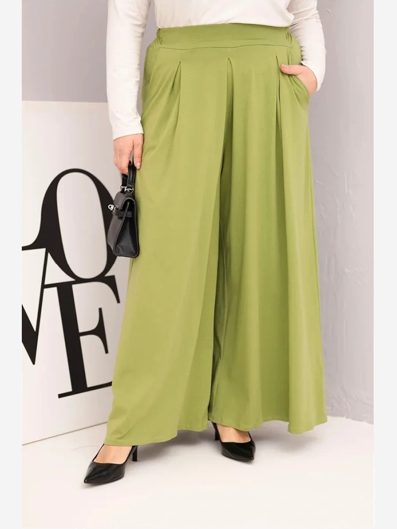 Dámske bavlnené nohavice Plus Size s širokou nohavicou a voľným strihom pistáciové