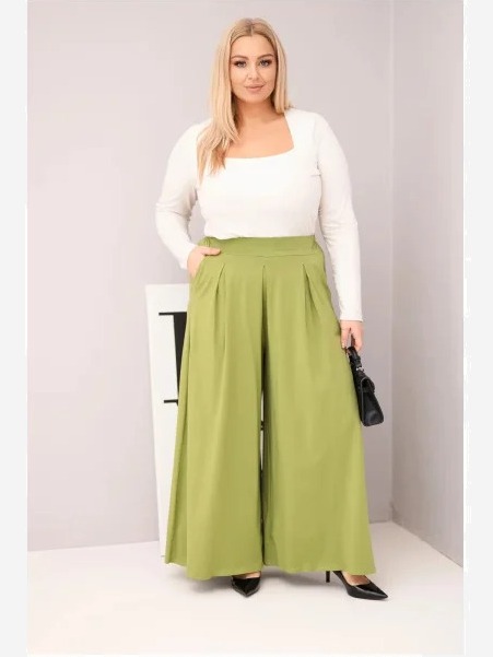 Dámske bavlnené nohavice Plus Size s širokou nohavicou a voľným strihom pistáciové