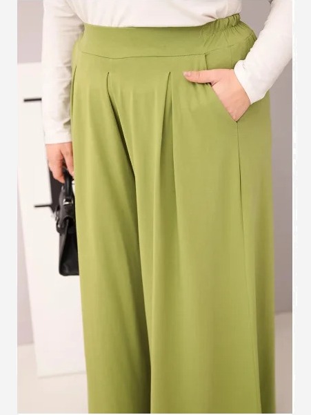 Dámske bavlnené nohavice Plus Size s širokou nohavicou a voľným strihom pistáciové