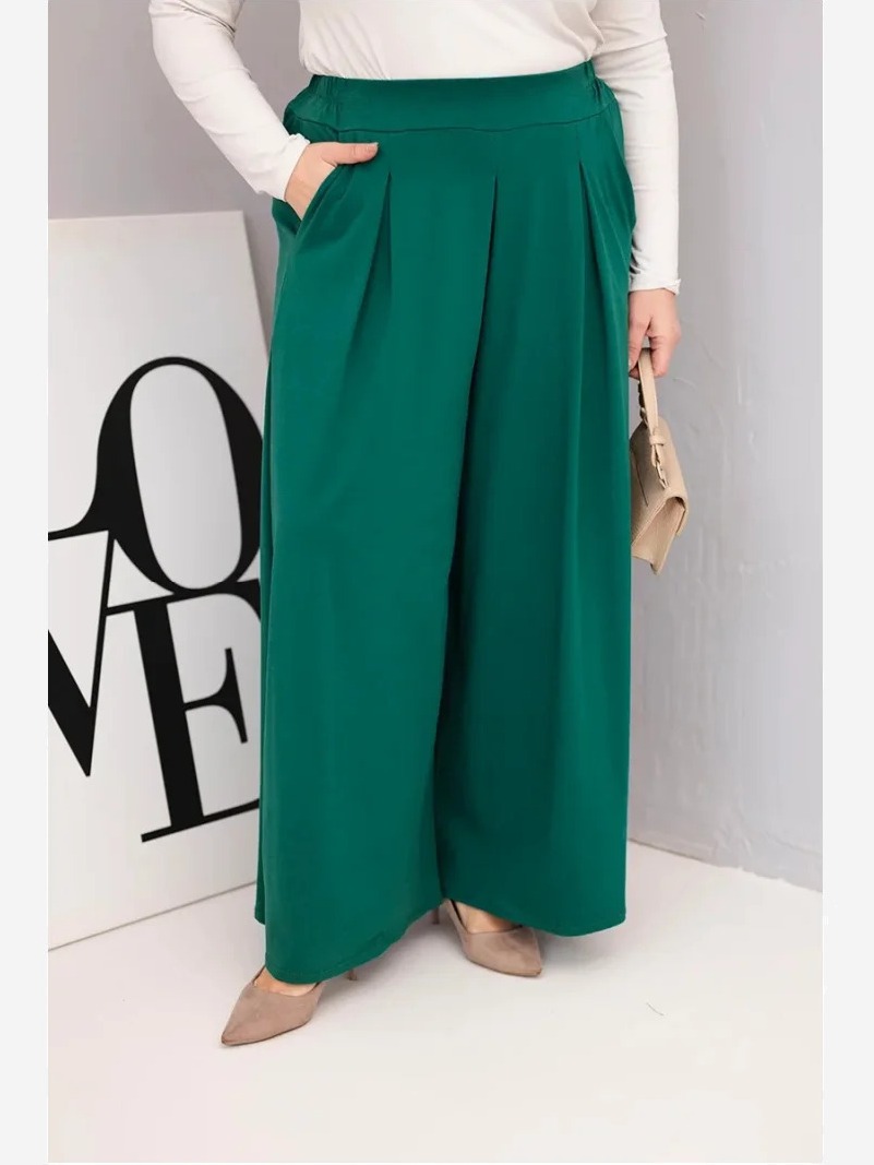 Dámske bavlnené nohavice Plus Size s širokými nohavicami a voľným strihom tmavozelené