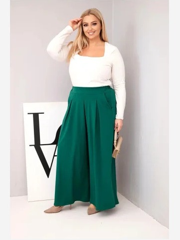 Dámske bavlnené nohavice Plus Size s širokými nohavicami a voľným strihom tmavozelené