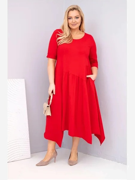 Dámska bavlnená sukňa Plus Size s asymetrickým spodkom červená
