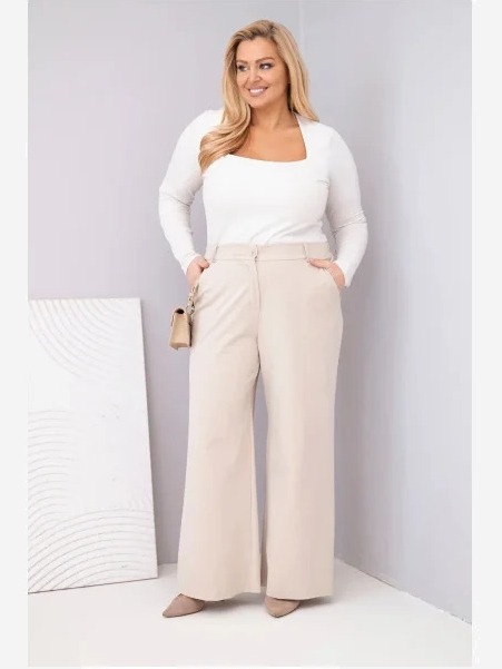 Dámske nohavice Plus Size so širokým strihom a vysokým pásom béžové