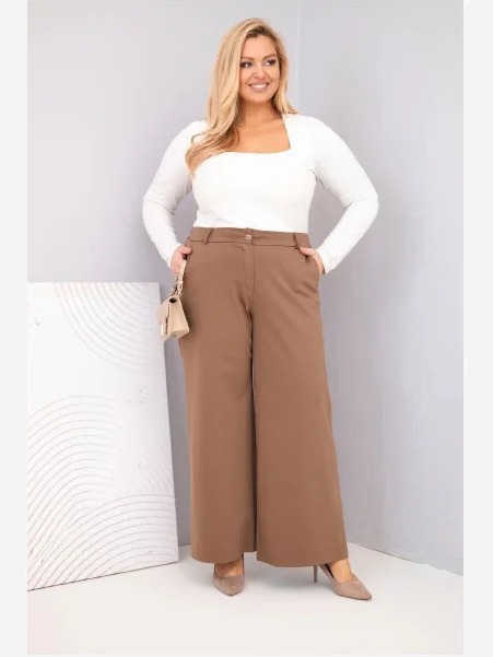 Dámske nohavice Plus Size so širokými nohavicami a vysokým pásom svetlý camelový