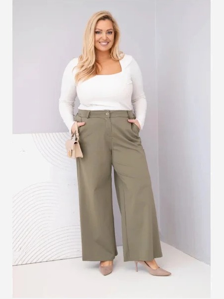 Dámske nohavice Plus Size so širokými nohavicami a vysokým pásom khaki