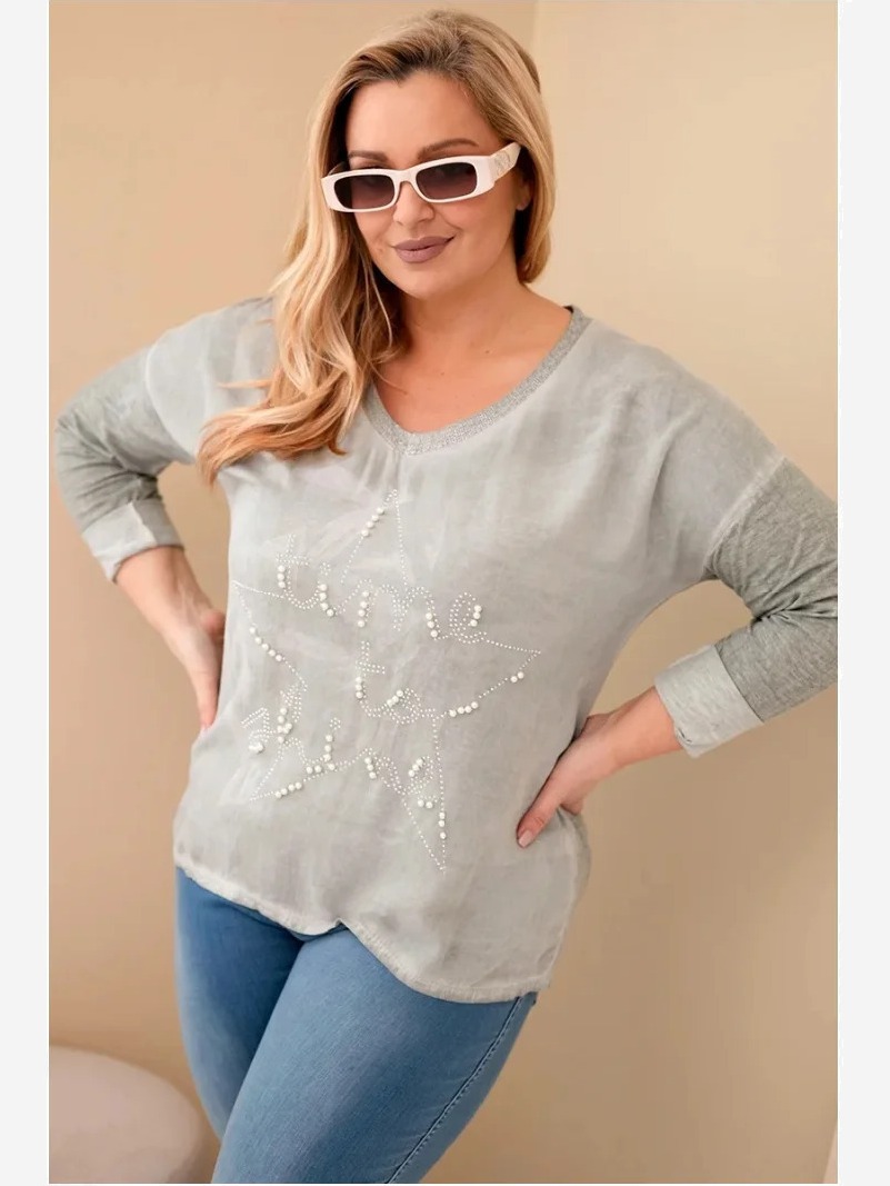 Dámska blúzka Plus Size s nápisom a perlami, khaki