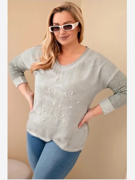 Dámska blúzka Plus Size s nápisom a perlami, khaki