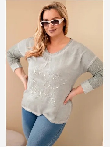 Dámska blúzka Plus Size s nápisom a perlami, khaki